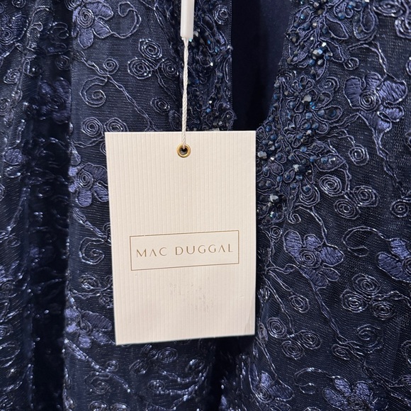 NWT $798 Mac Duggal Sheer Bodice Embroidered Illusion Maxi Dress Gown Navy Sz 16 - Picture 14 of 17